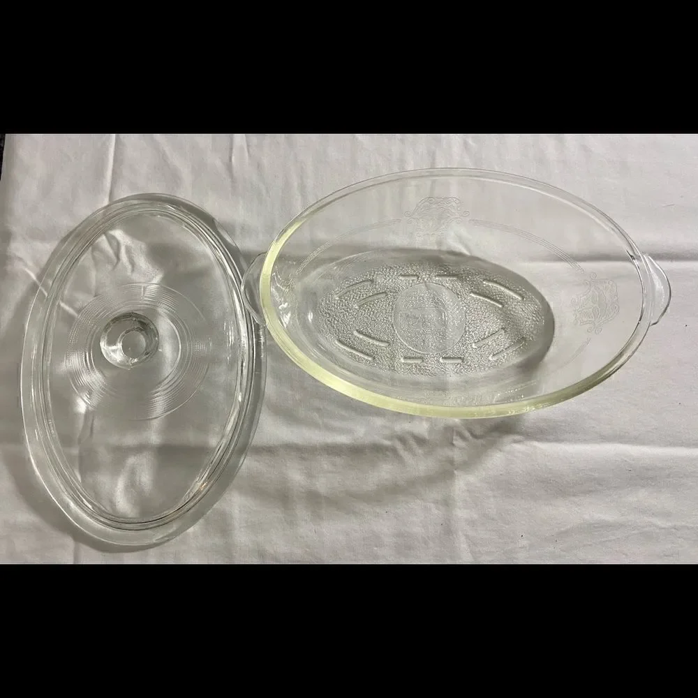 Vintage GLASBAKE Oval Dish and Lid Clear Etched Design. Used In Upcoming Film!